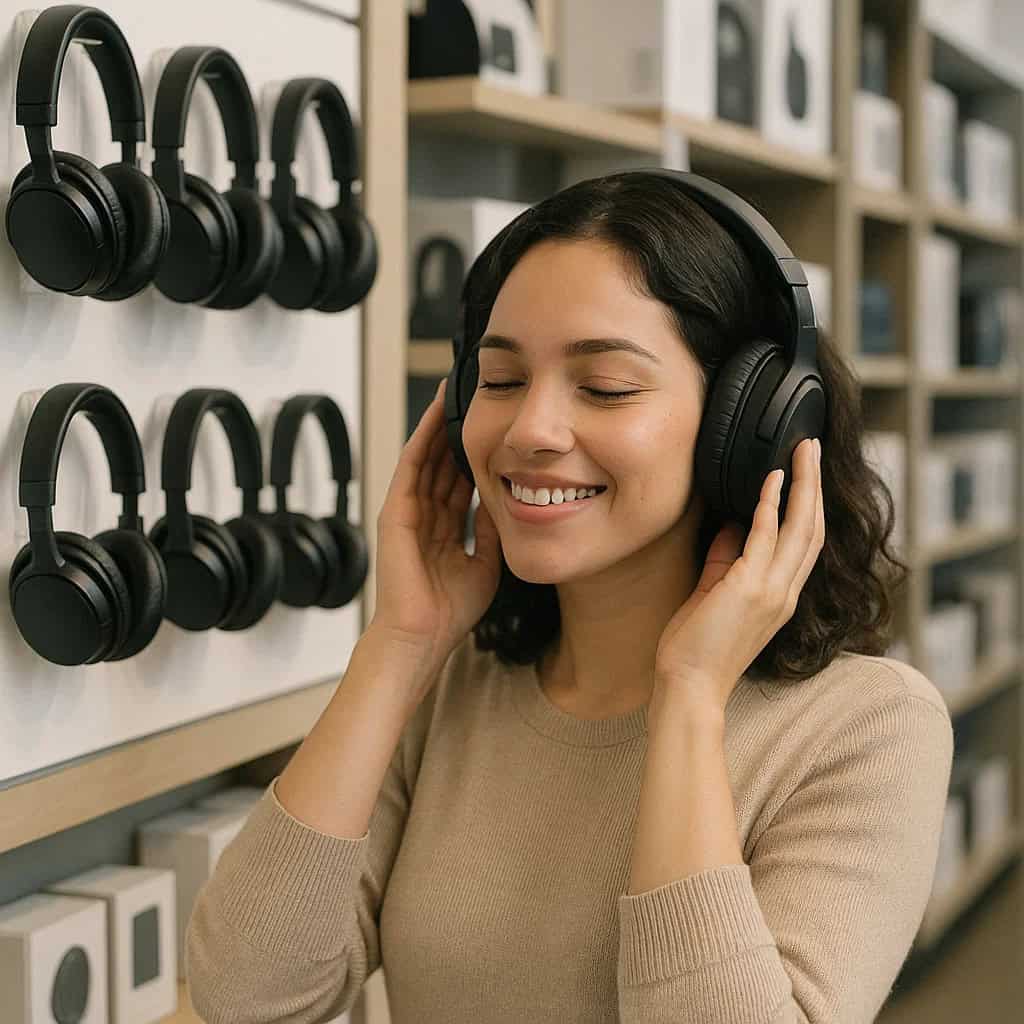 gdzie przetestować słuchawki - kobieta testuje model nauszny w sklepie elektronicznym