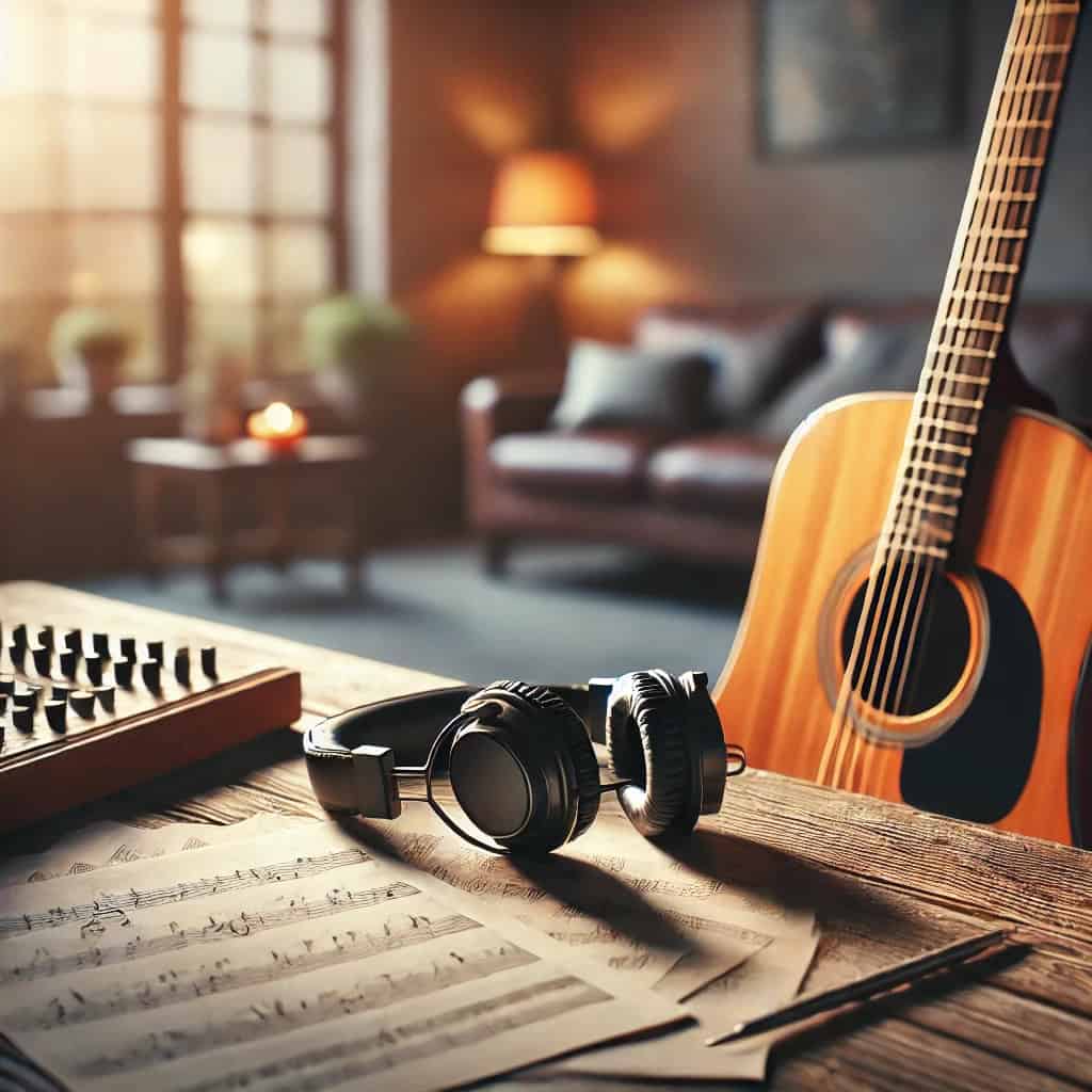 główne rodzaje dźwięków w muzyce słuchawki leżą na stole obok gitary