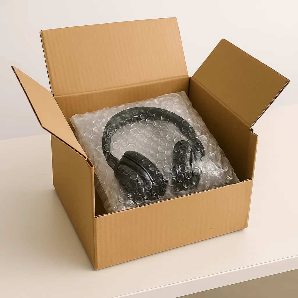 gwarancja na słuchawki - model nauszny zapakowany w folię bąbelkową leże w kartonie