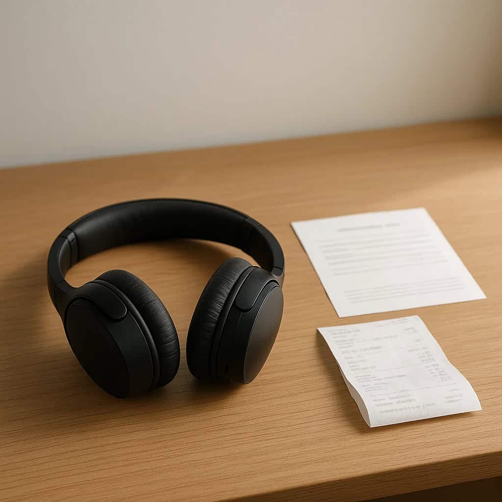 ile gwarancja na słuchawki - model nauszny leży na biurku obok paragonu