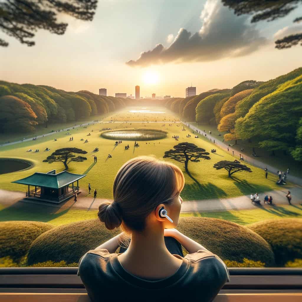 ile działają słuchawki bezprzewodowe - kobieta obserwująca park z tarasu