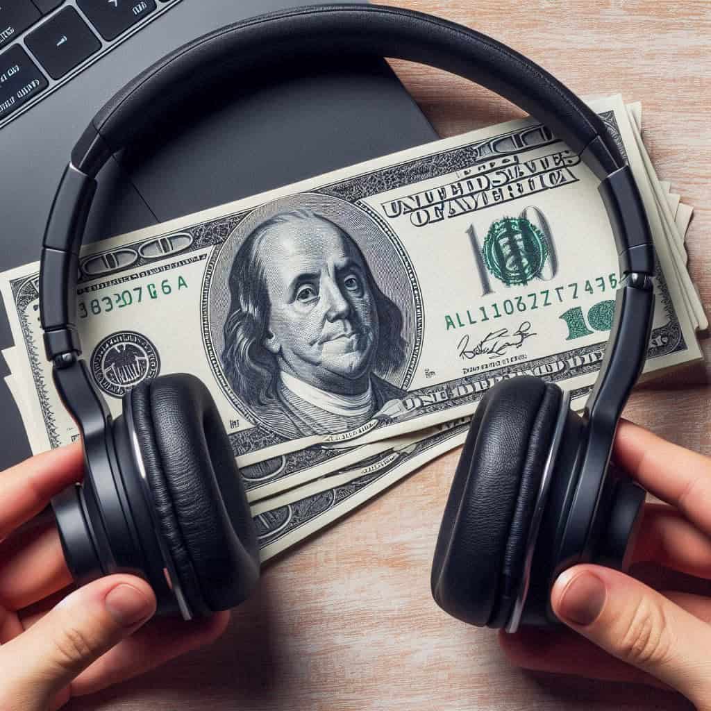 ile kosztują słuchawki do telefonu - dłonie trzymają przykładowy model nauszny na tle banknotu