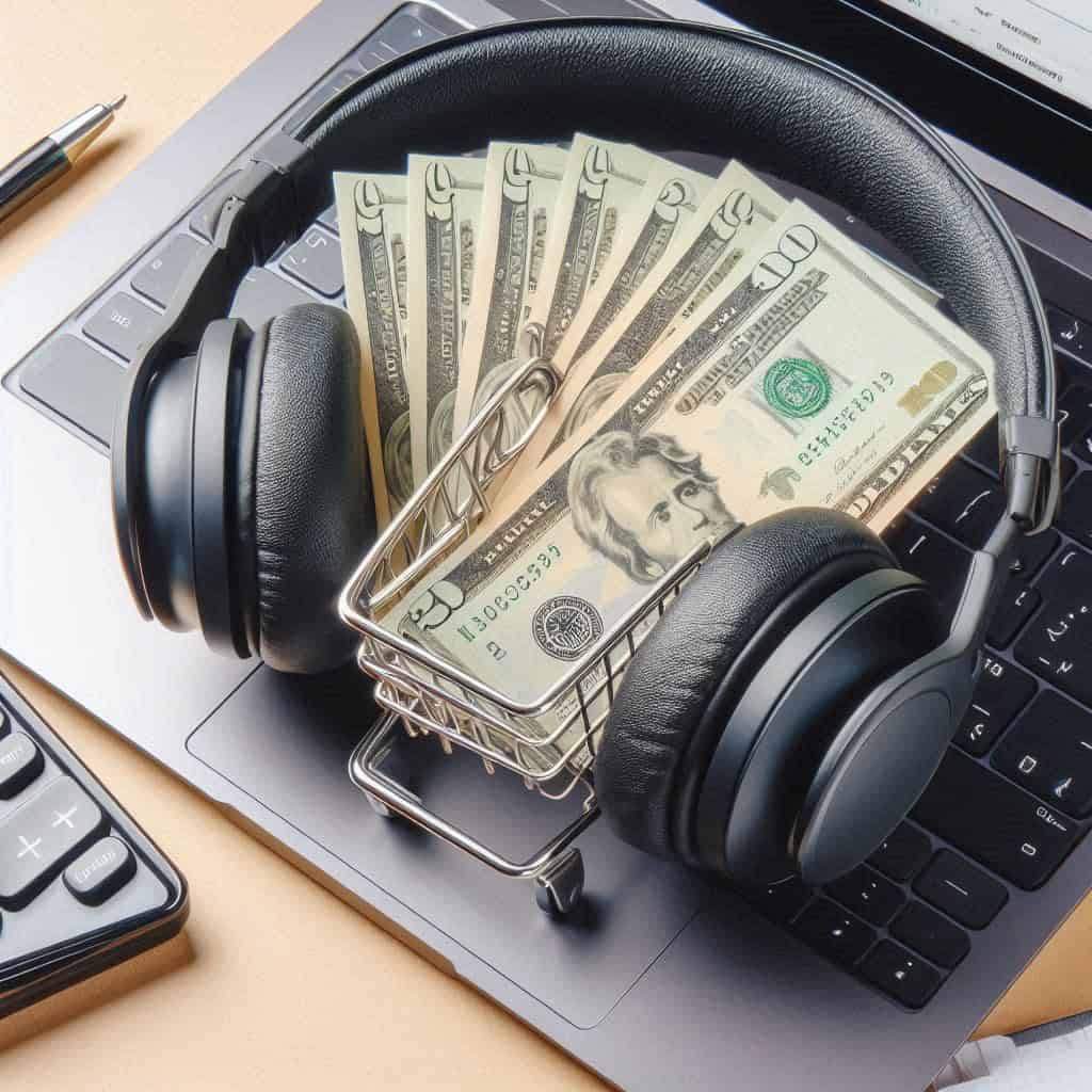 ile kosztują słuchawki - model nauszny leży na banknotach rozłożonych na laptopie