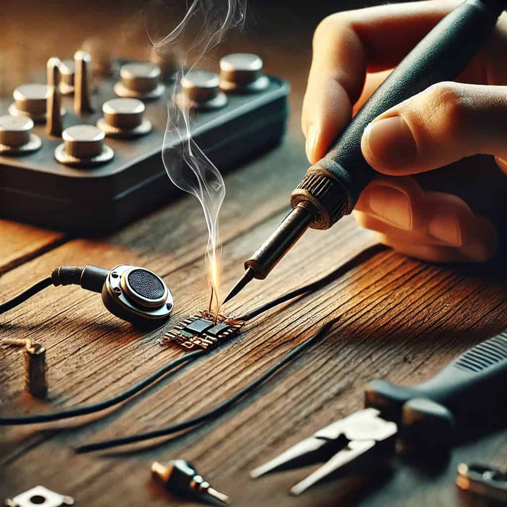 ile kosztuje naprawa słuchawek - zbliżenie na rękę z lutownicą