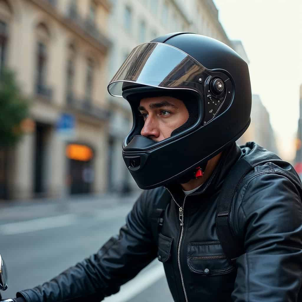 interkom motocyklowy z kamerą na kasku mężczyzny jadącego przez miasto