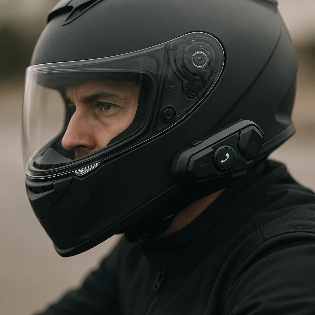 interkom motocyklowy co to jest - zbliżenie na kask motocyklisty z interkomem zamontowanym z boku.