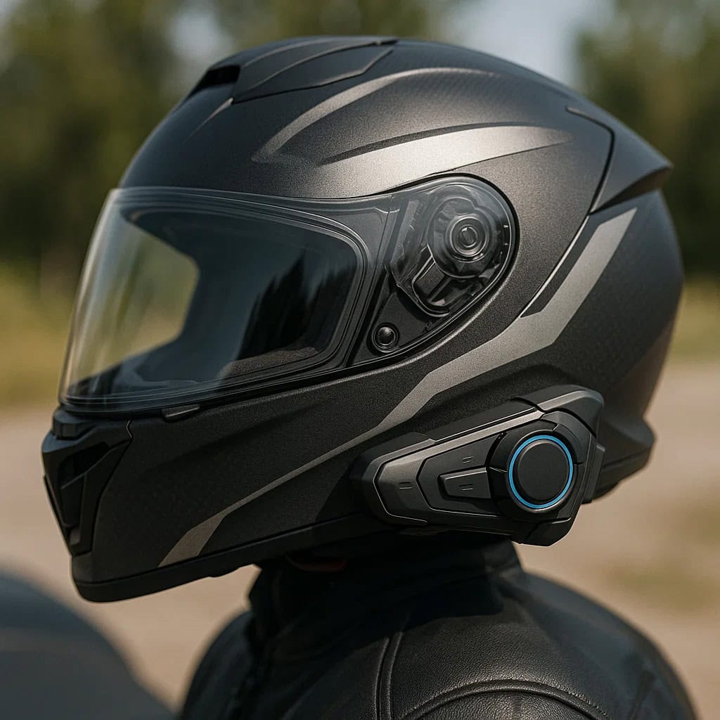 interkom motocyklowy jak działa - zbliżenie na kask motocyklowy z zamontowanym interkomem po boku