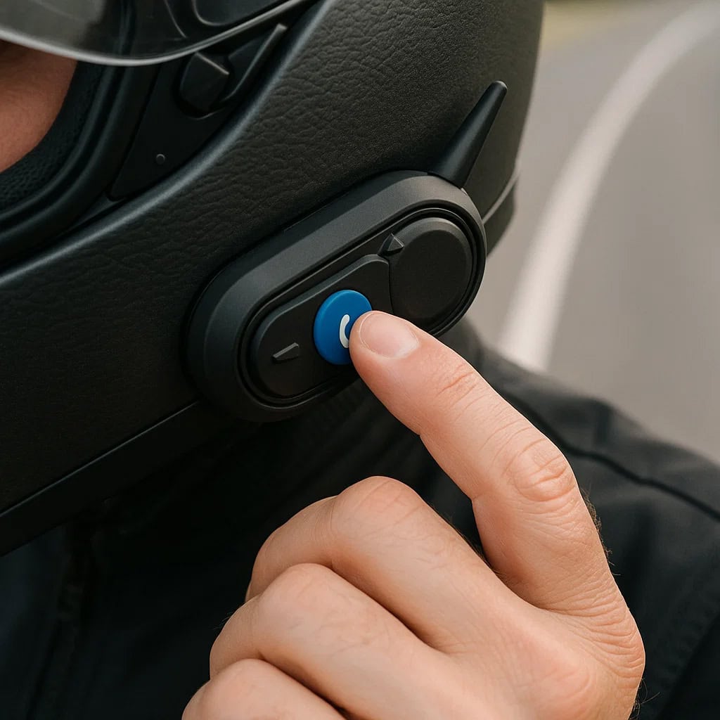 interkom motocyklowy jak zamontować - dłoń naciskająca przycisk na urzędzeniu