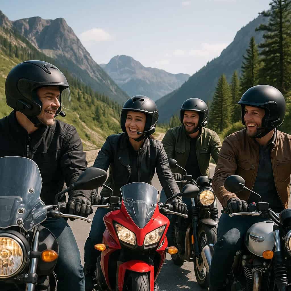 interkomy funkcje - frupa czterech motocyklistów na górskiej drodze, wszyscy w kaskach z interkomami, rozmawiają podczas jazdy.