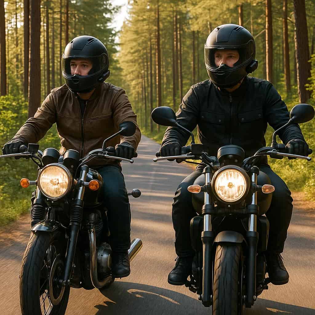interkomy zalety - dwóch motocyklistów jedzie przez leśną drogę w kaskach z interkomami, obaj patrzą na drogę.