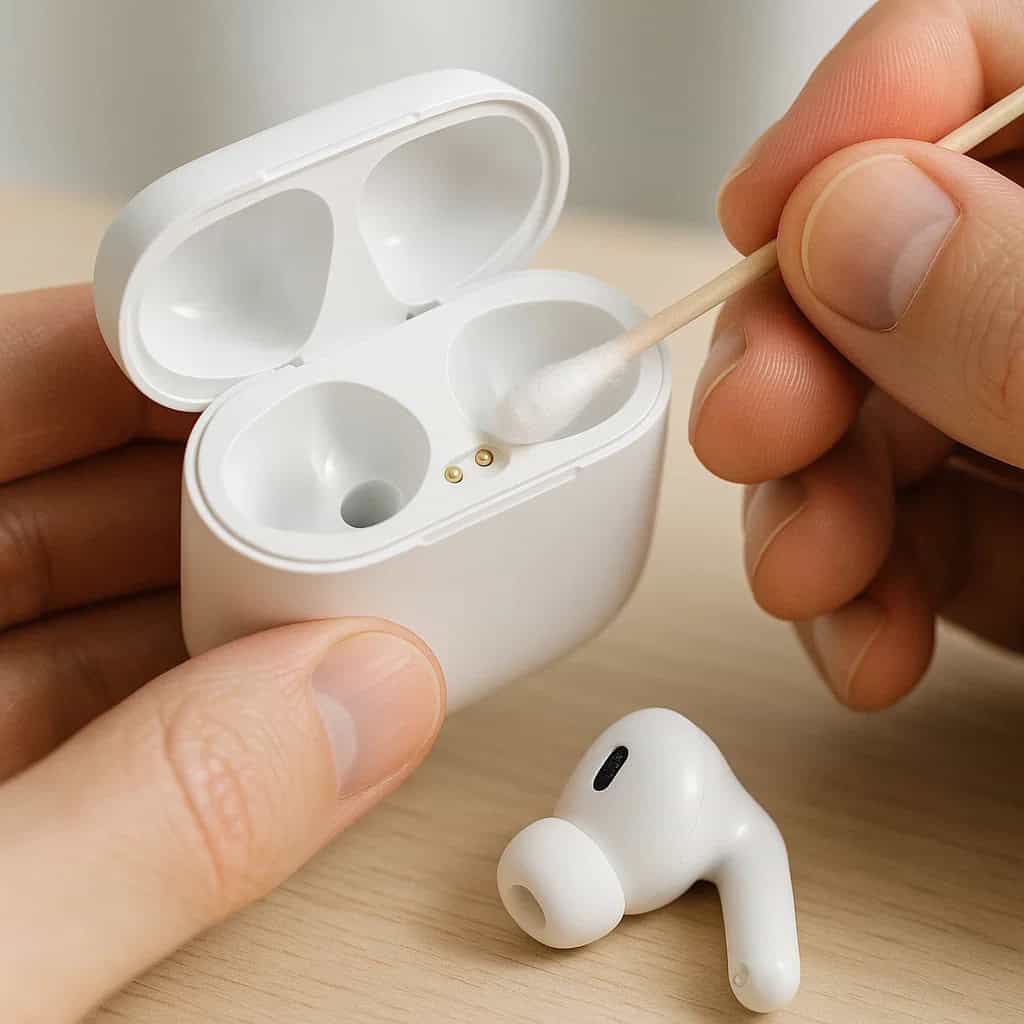 jak czyścić etui słuchawek bezprzewodowych - ręce czyszczące przykładowy model suchym patyczkiem higienicznym