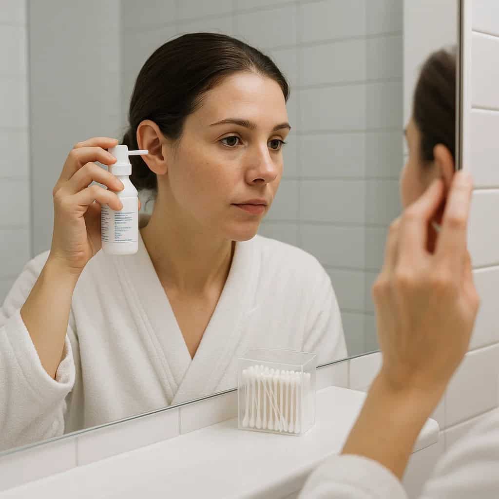 jak dbać o higienę uszu - kobieta używa sprayu do uszu z solą fizjologiczną, stojąc przed lustrem w łazience. Unika patyczków higienicznych. Czysta, kliniczna atmosfera podkreśla bezpieczną higienę uszu.