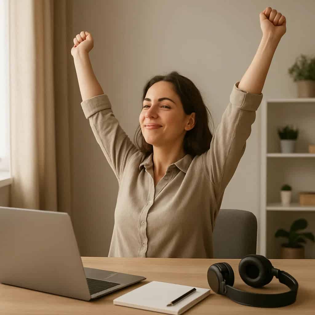 jak dbać o swój słuch - kobieta robi przerwę od słuchawek, rozciągając się przy biurku