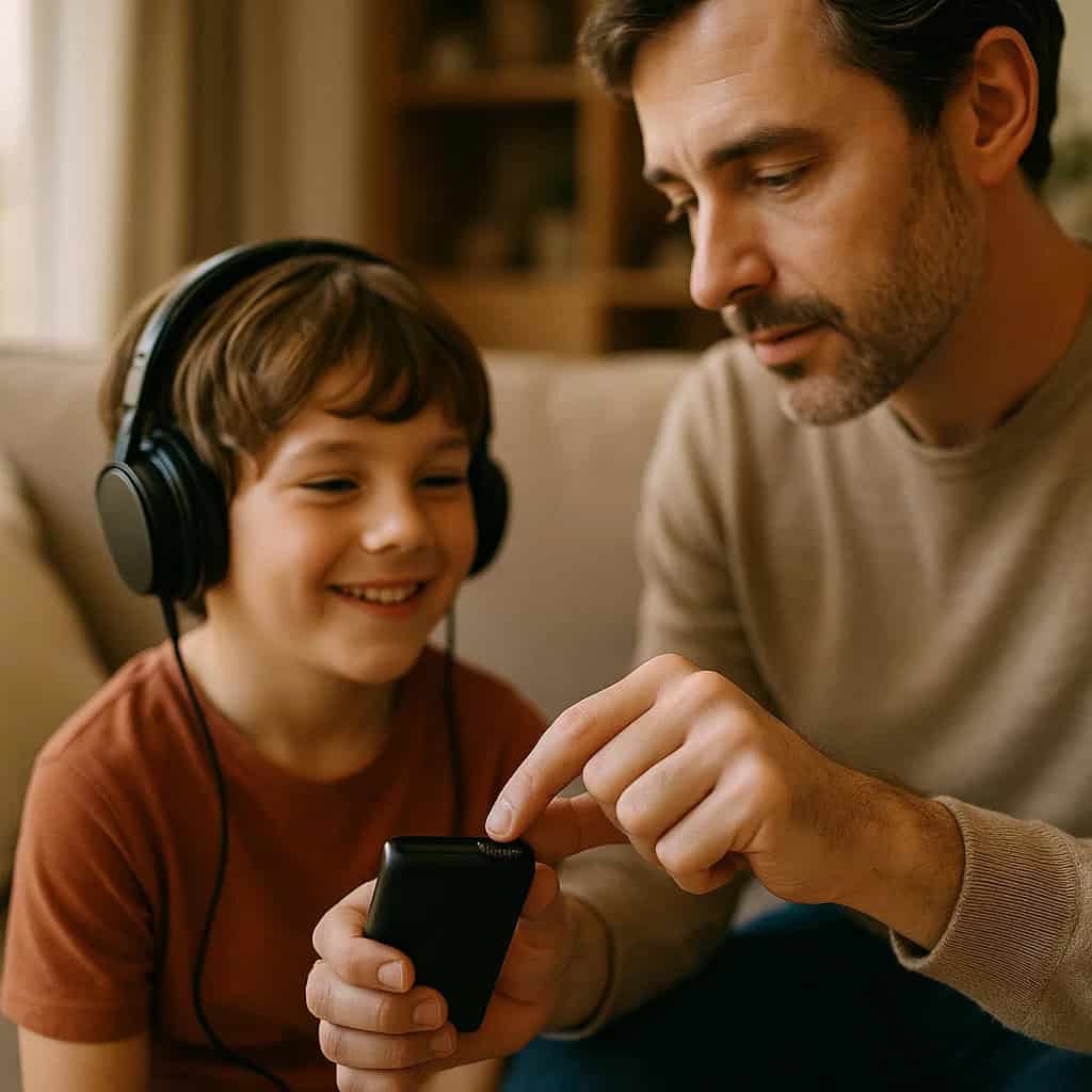 jak dbać o słuch dziecka - ojciec reguluje głośność na mp4 dziecka, które siedzi obok w słuchawkach i uśmiecha się. 
