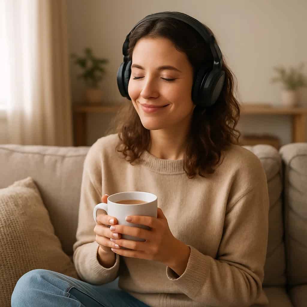 jak dbać o słuch - kobieta słucha cichej, relaksującej muzyki na słuchawkach, relaksując się z kawą na sofie