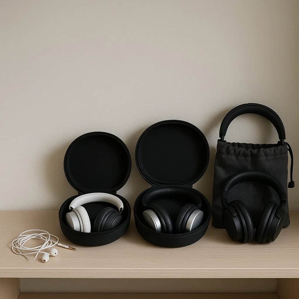 jak dbać o słuchawki - model przechowywany w etui na biurku, obok para splątanych słuchawek jako kontrast