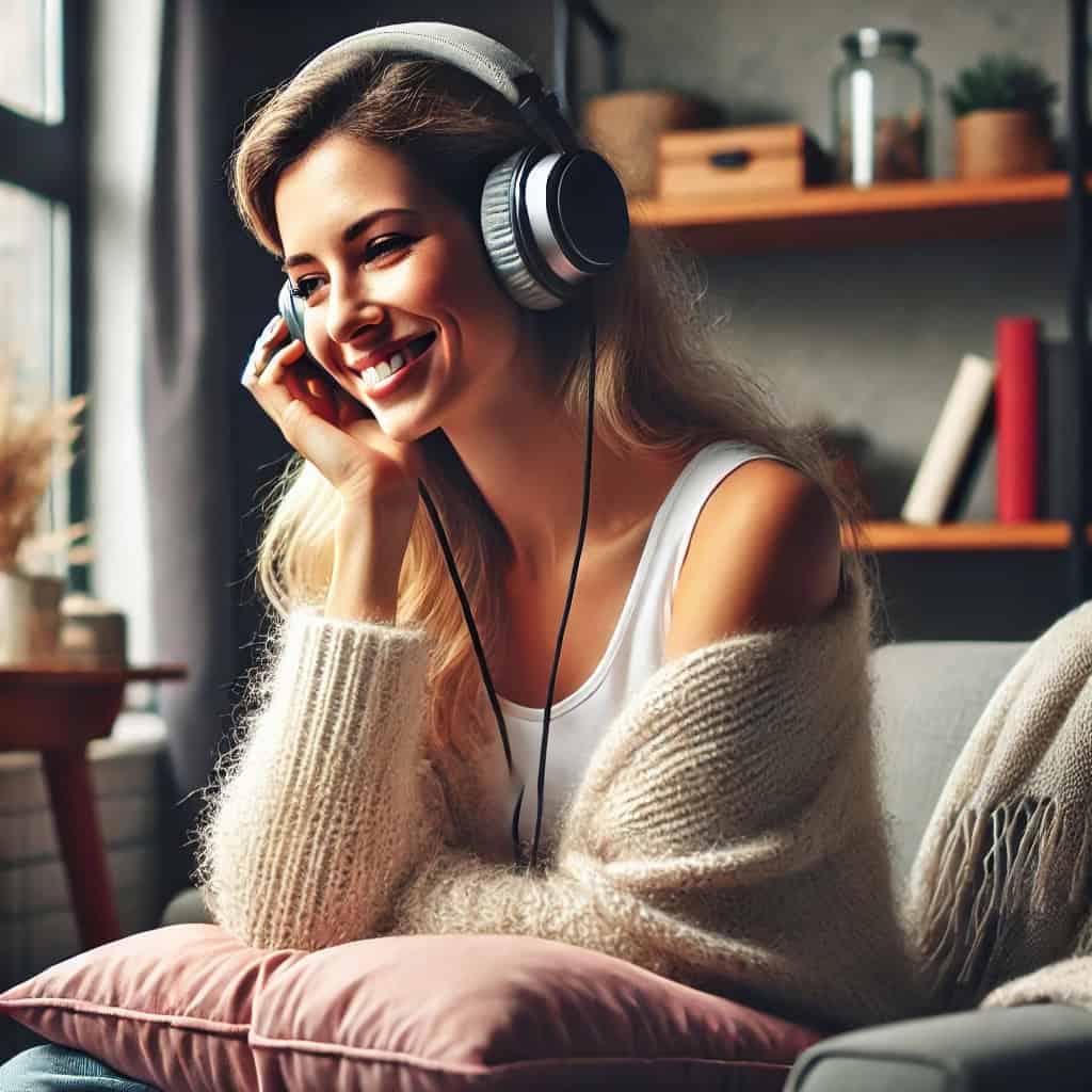 jak długo można słuchać muzyki przez słuchawki - uśmiechnięta kobieta siedzi na sofie w słuchawkach nausznych