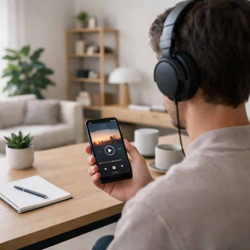 jak działa radio internetowe - mężczyzna słucha muzyki na smartfonie w słuchawkach, siedząc przy biurku