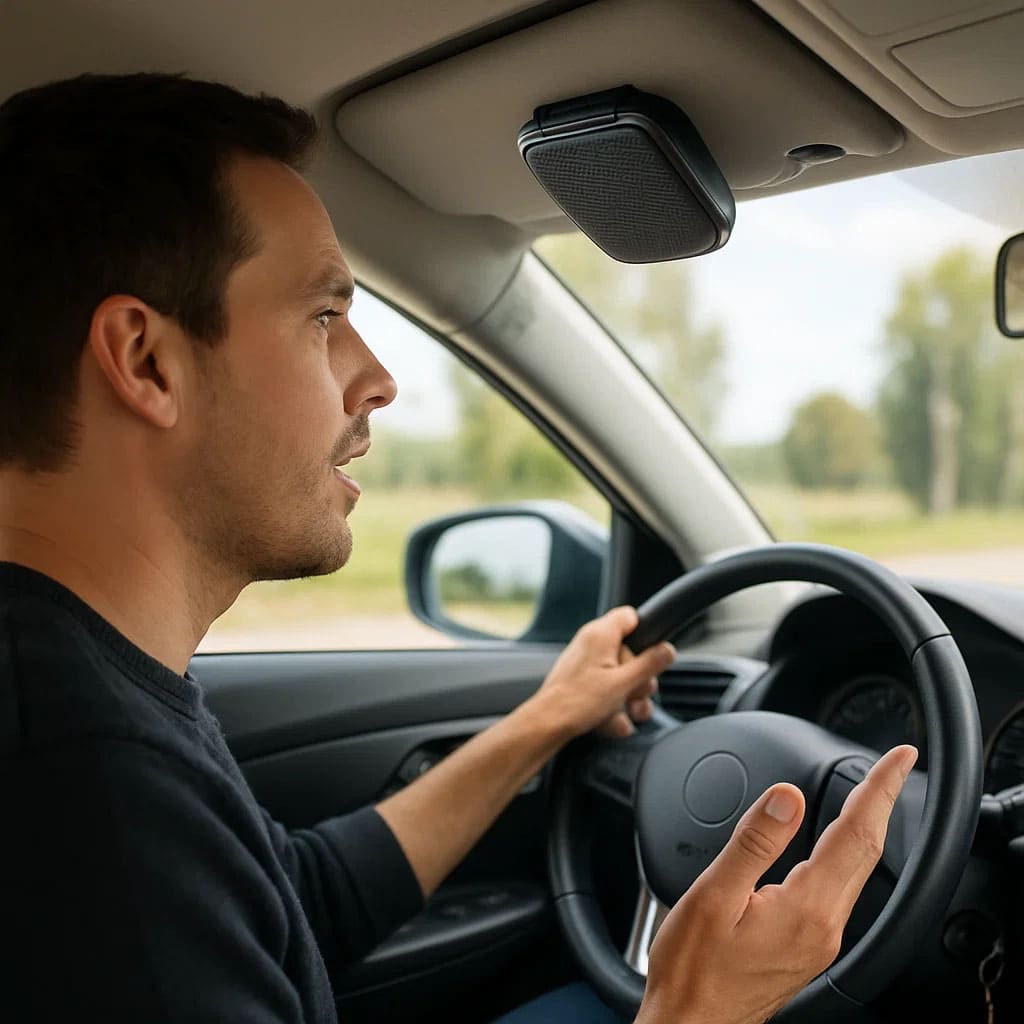 jak działa zestaw głośnomówiący w samochodzie - mężczyzna w aucie podczas rozmowy