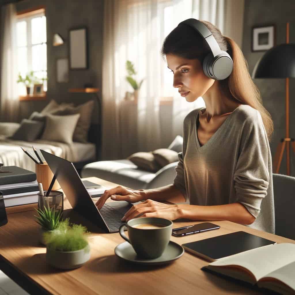 jak dzialaja sluchawki bezprzewodowe - kobieta pracująca  na komputerze w modelu nausznym