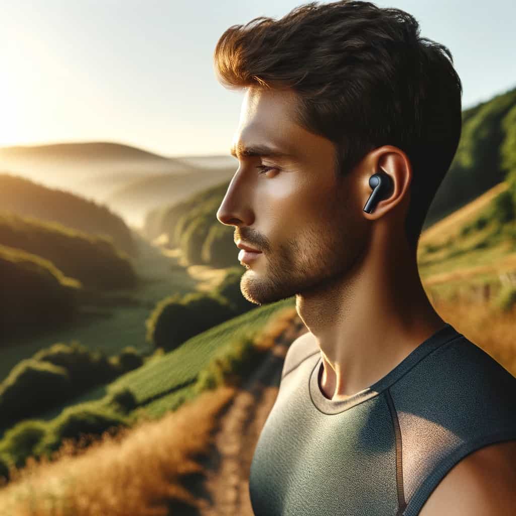 jak działają słuchawki bezprzewodowe douszne - model dokanałowy w uszach mężczyzny w górach