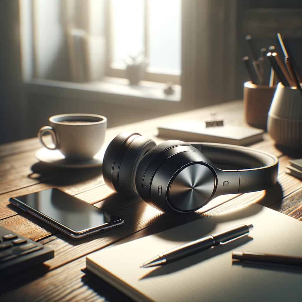 jak działają słuchawki bezprzewodowe radiowe - przykładowy model na stole obok teleofnu