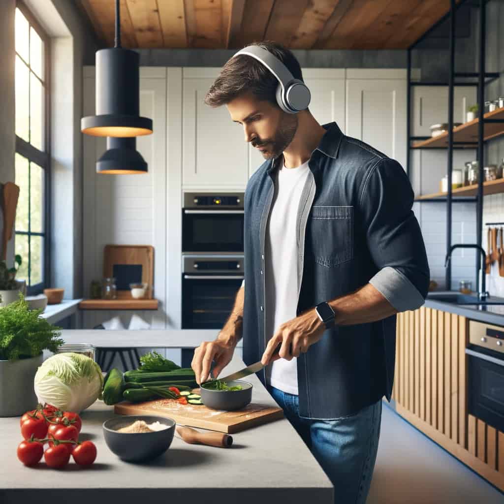 jak działają słuchawki - przykładowy model nauszny Bluetooth na głowie mężczyzny krojącego warzywa