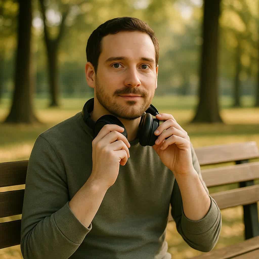 jak możemy dbać o słuch - mężczyzna siedzi na ławce w parku, z przewieszonymi przez szyję słuchawkami