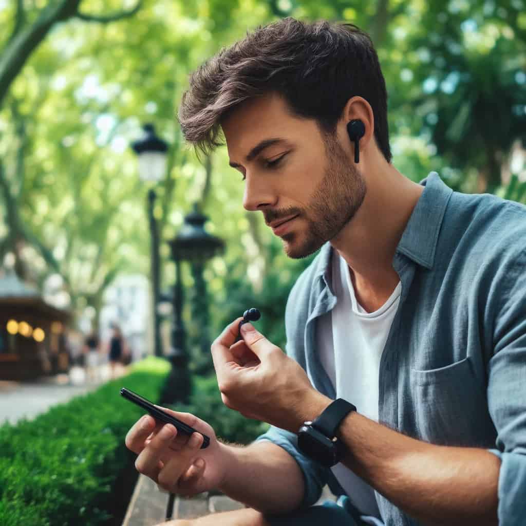 jak sparować słuchawki bezprzewodowe - mężczyzna w parku próbujący uruchomić słuchawki Bluetooth