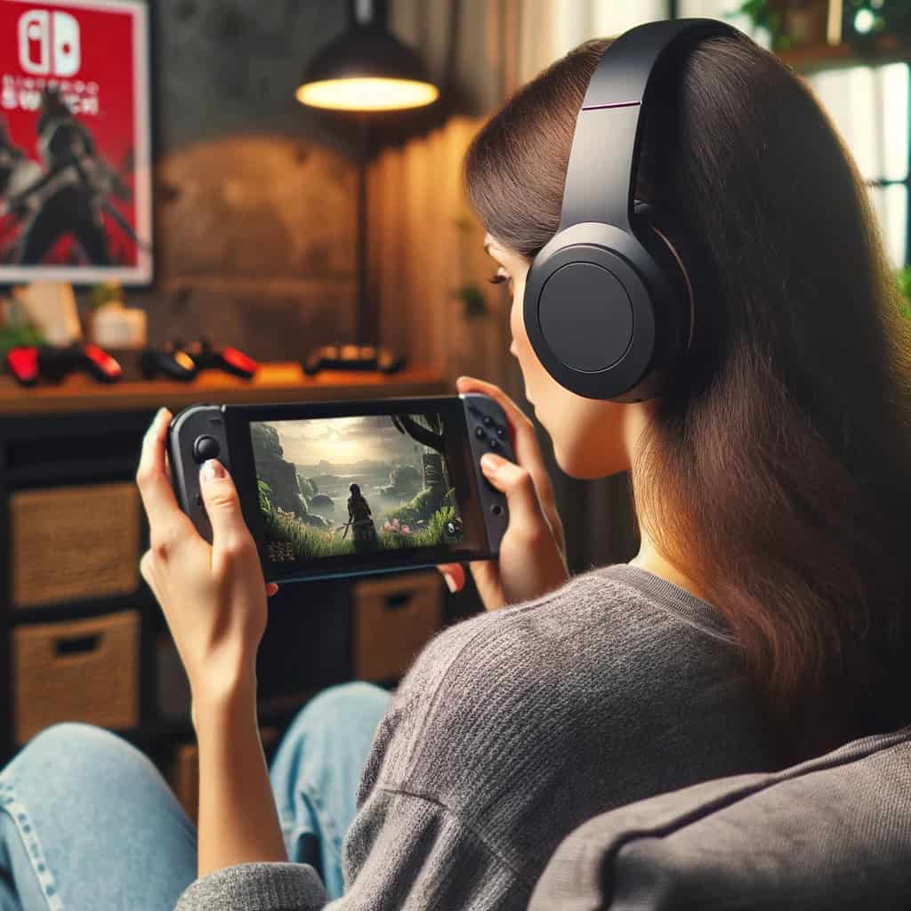 jak podłączyć słuchawki bezprzewodowe do nintendo switch - kobieta grająca na konsoli