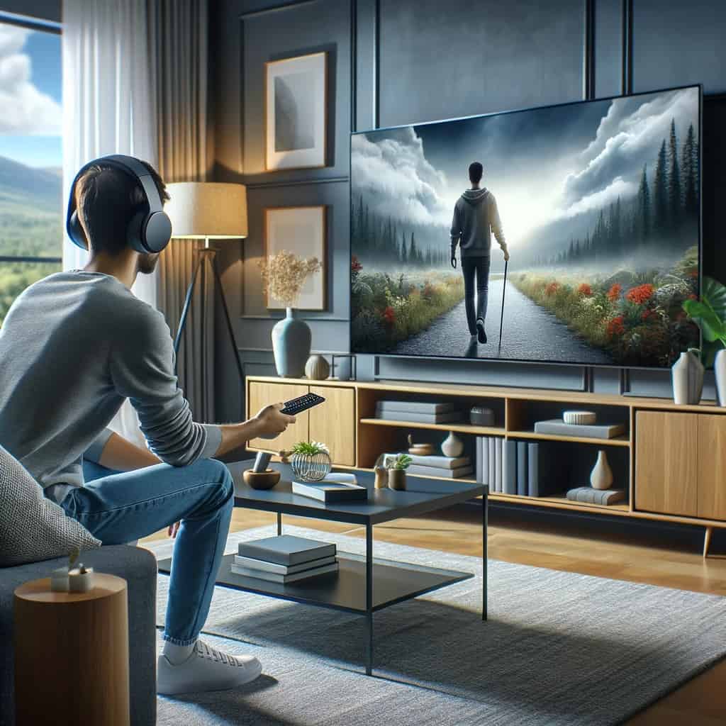 jak podłączyć słuchawki bezprzewodowe do telewizora - mężczyzna w słuchawkach oglądający film w tv