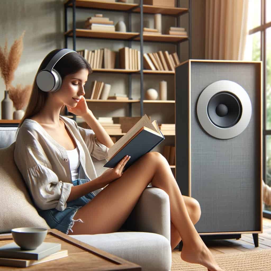 jak podlaczyc sluchawki bezprzewodowe do wiezy - kobieta czytająca książkę w modelu nausznym obok wieży