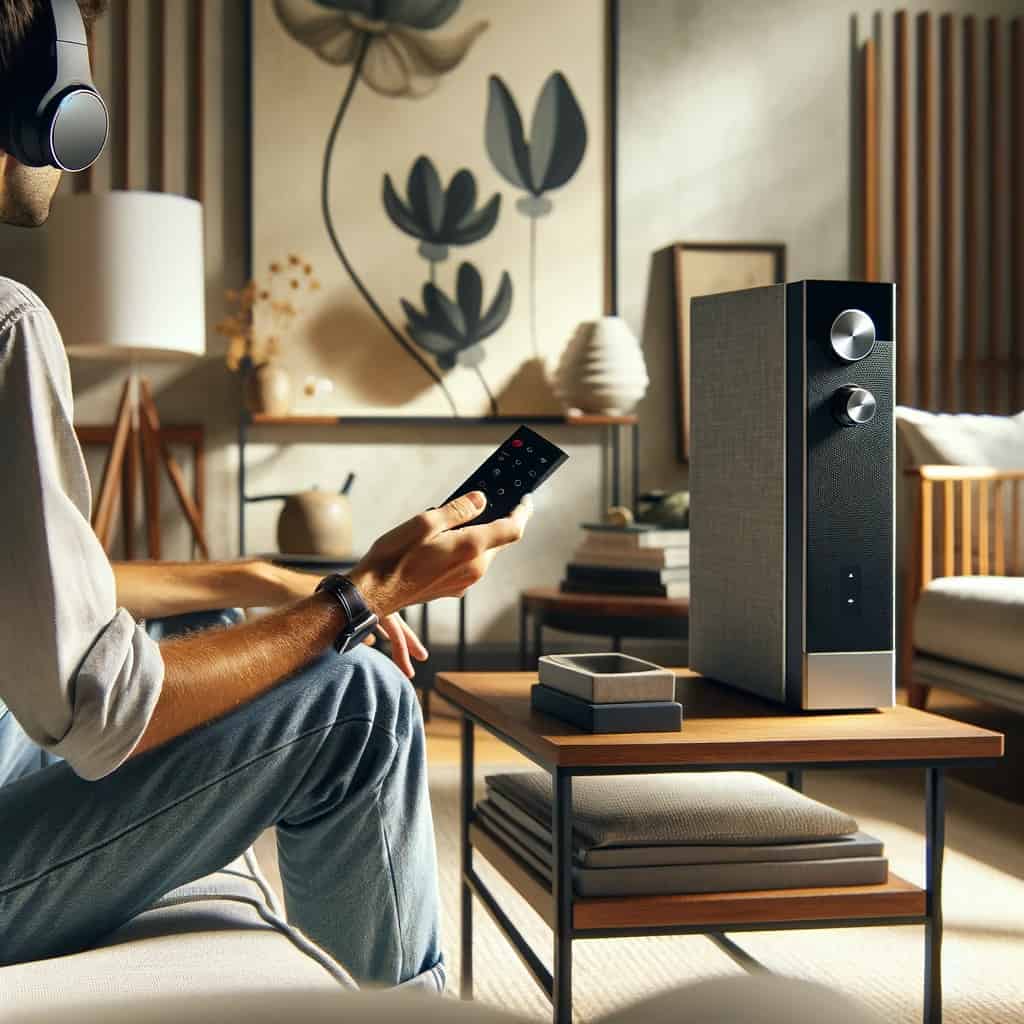 jak podłączyć słuchawki bezprzewodowe do wieży panasonic - dłoń z pilotem skierowanym w wieżę