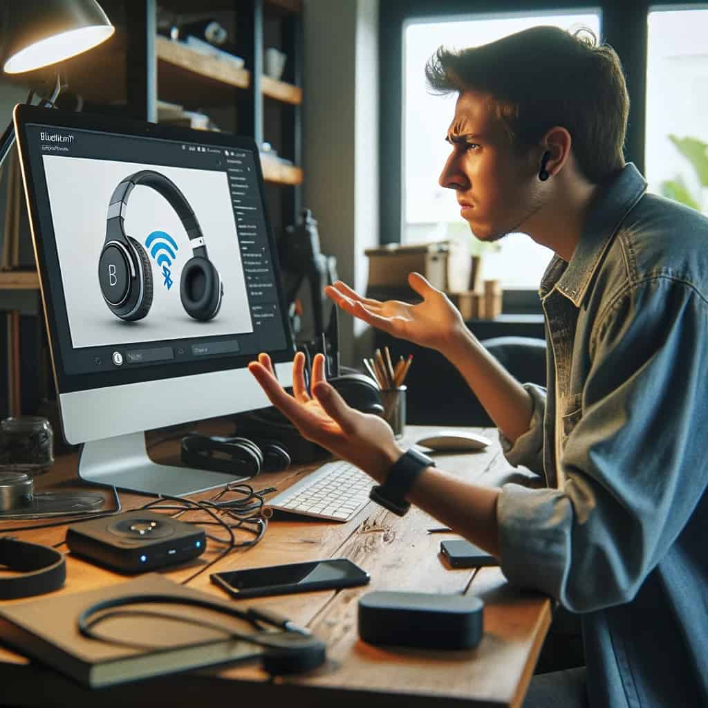 jak podłączyć słuchawki bezprzewodowe z komputerem - mężczyzna próbujący sparować sprzęt