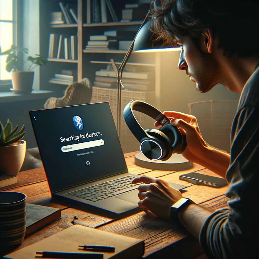 jak podłączyć słuchawki bezprzewodowe z laptopem - mężczyzna włączający tryb parowania na komputerze