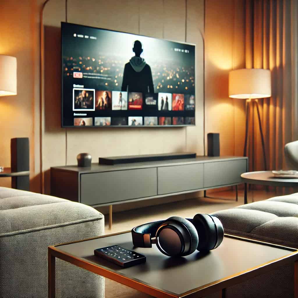 jak podłączyć słuchawki do telewizora - słuchawki leżą na stoliku obok TV