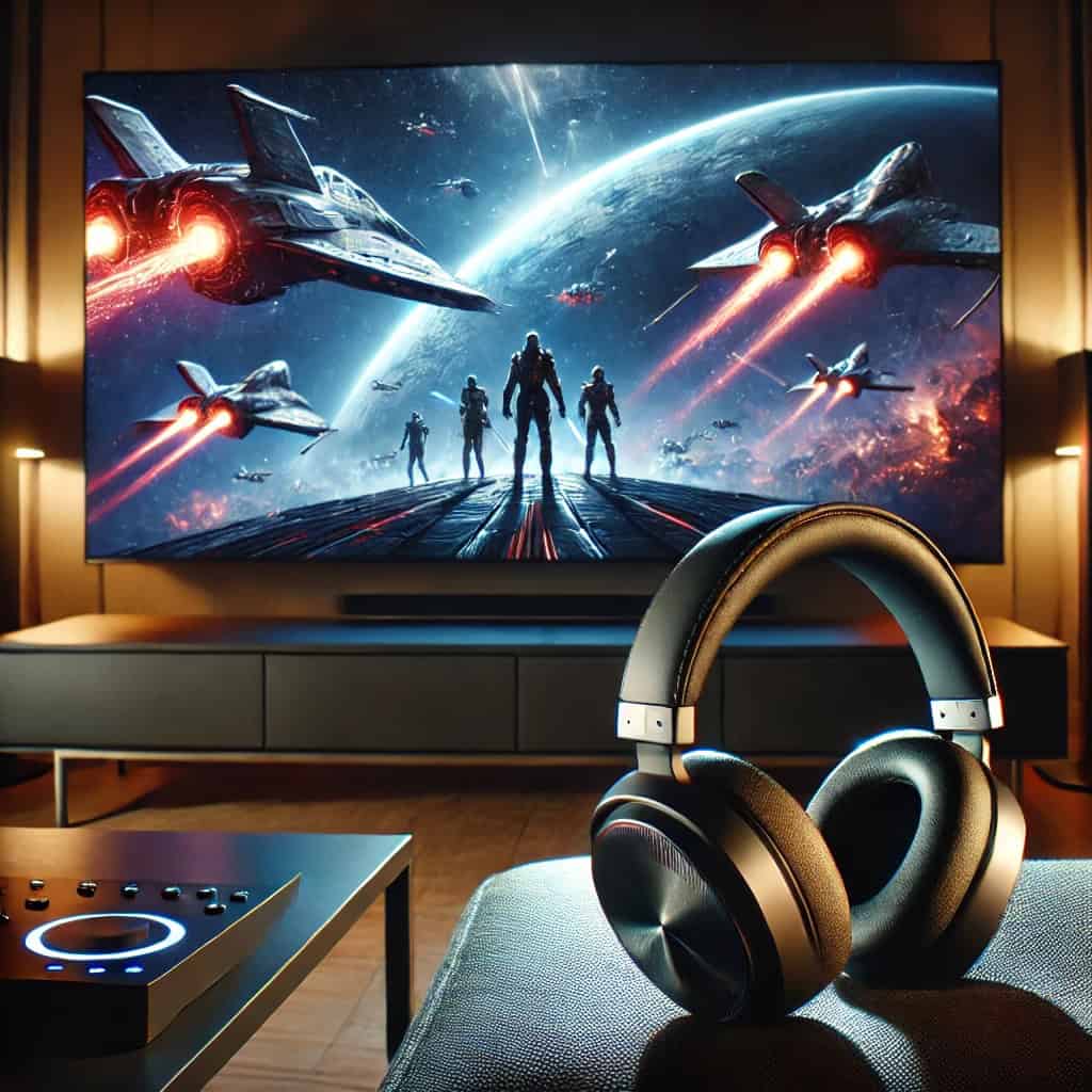 jak podłączyć słuchawki do kina domowego - model nauszny przed telewizorem, na którym widać film fantasy