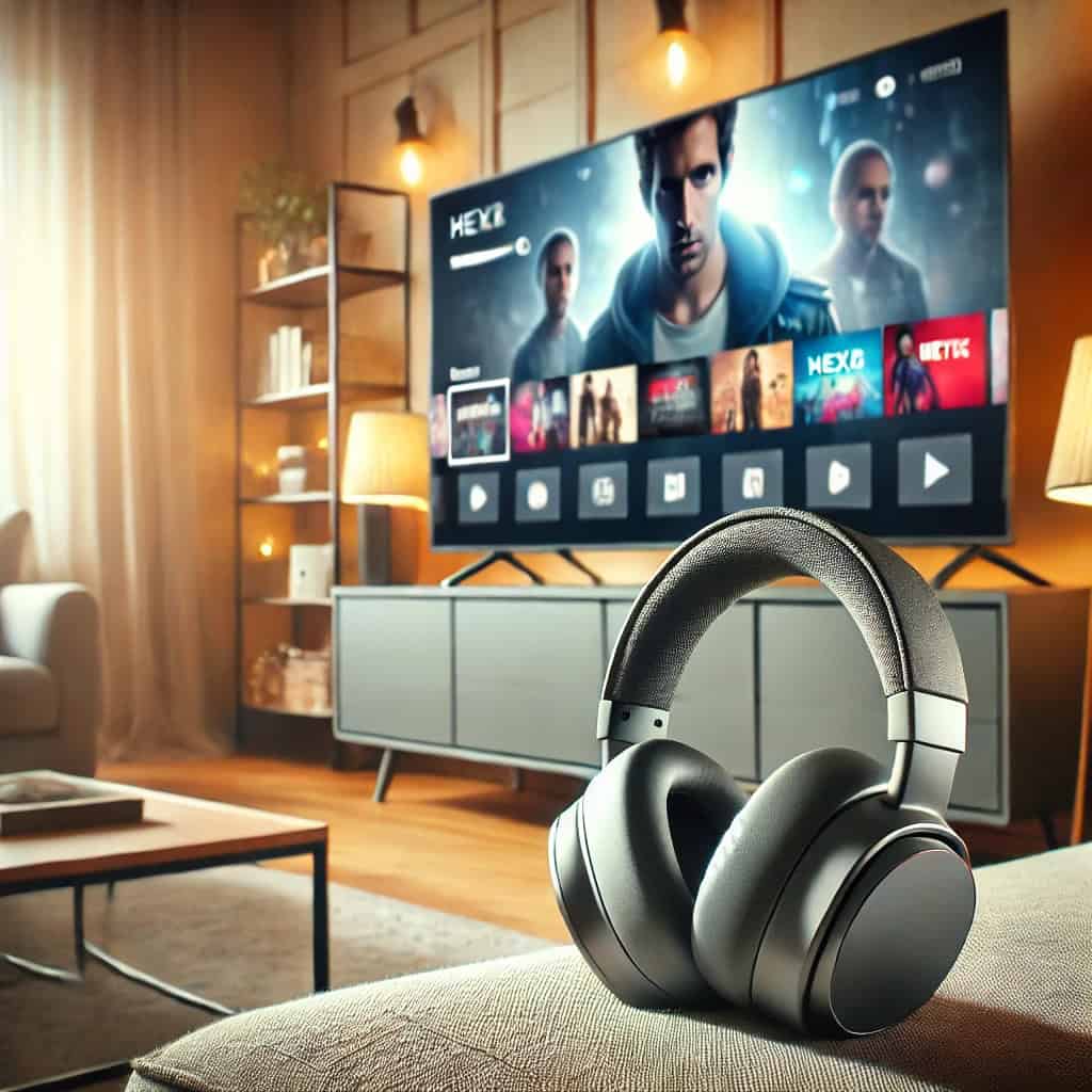 jak podłączyć słuchawki radiowe do telewizora - przykładowy model leży na sofie, a w tle widać ekran tv