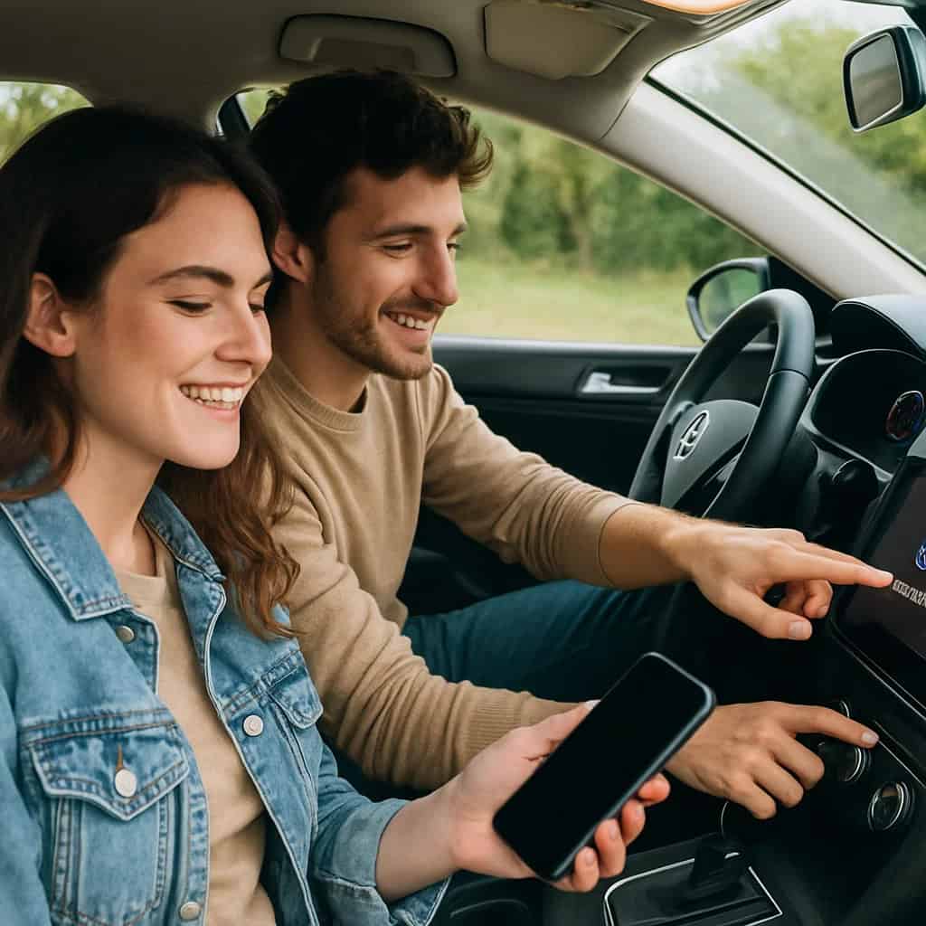 jak podłączyć telefon przez Bluetooth do samochodu - para w zaparkowanym samochodzie podłączająca smartphone do auta