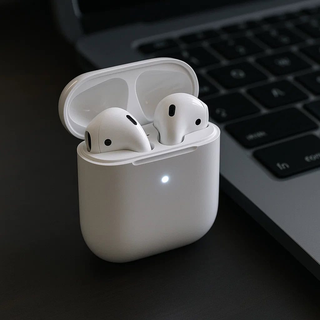 jak połączyć airpods z komputerem - przykładowy model obok klawiatury komputerowej