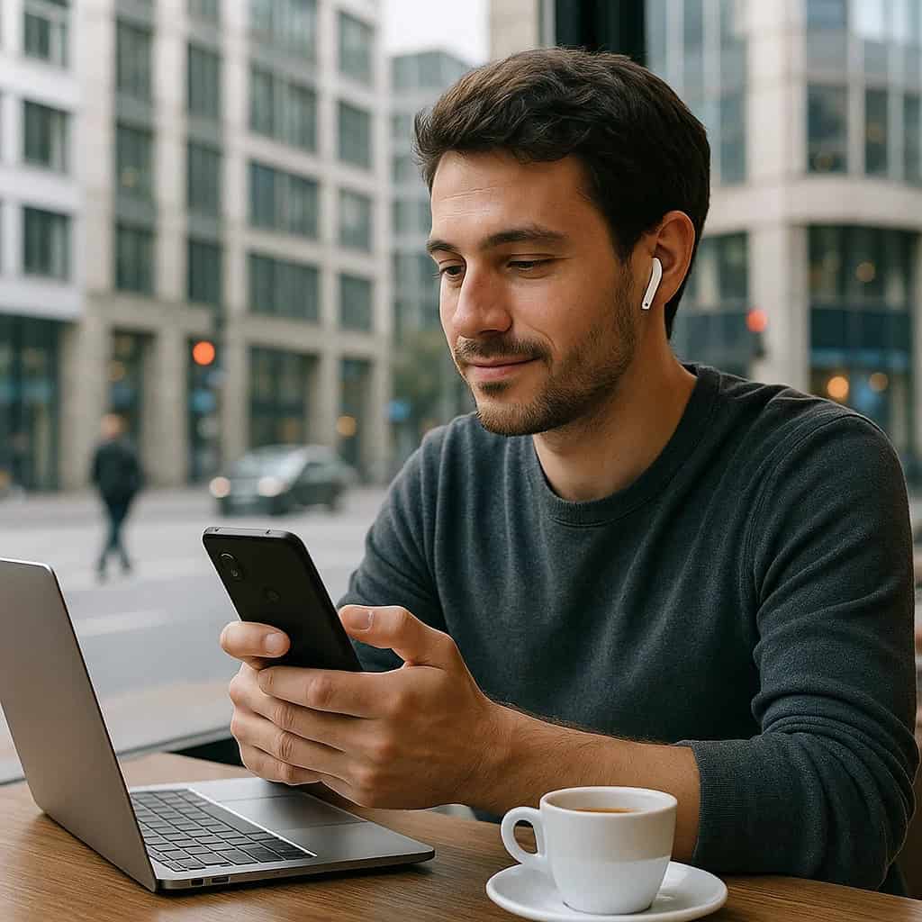 Jak połączyć airpods pro z androidem. Mężczyzna słuchający muzyki przez słuchawki z telefonu w kawiarni