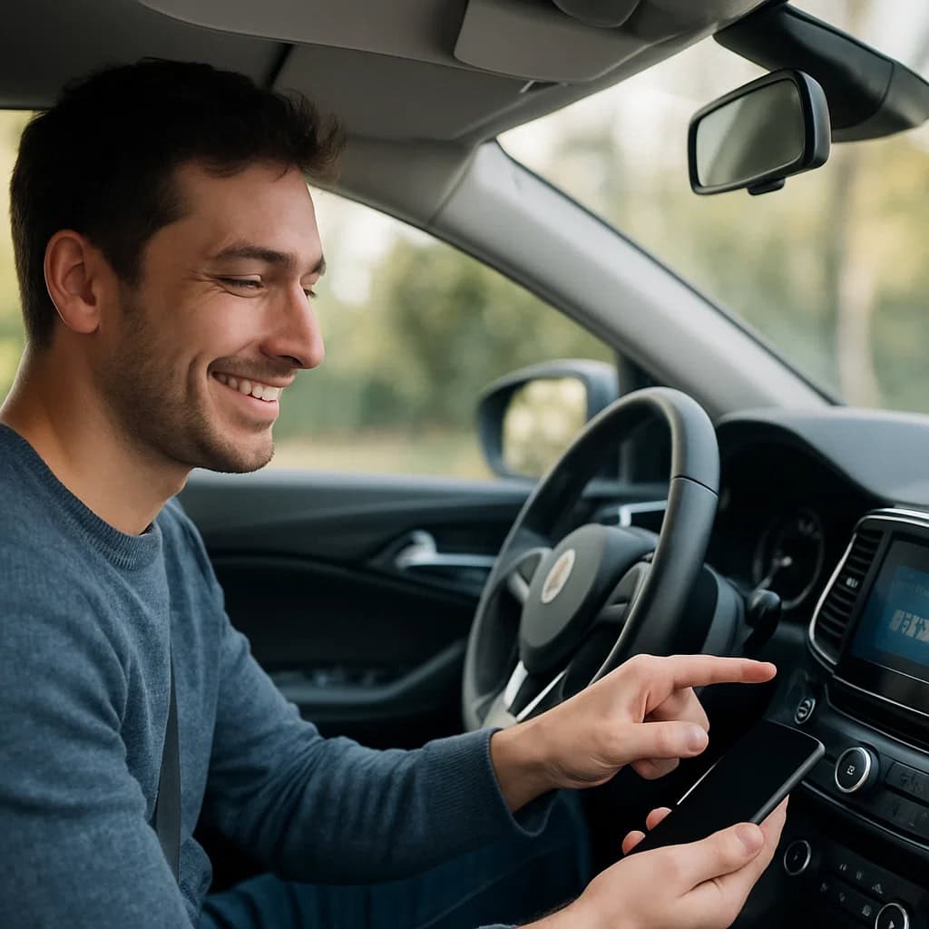 jak połączyć telefon z samochodem przez Bluetooth - kierowca parujący telefon w samochodzie