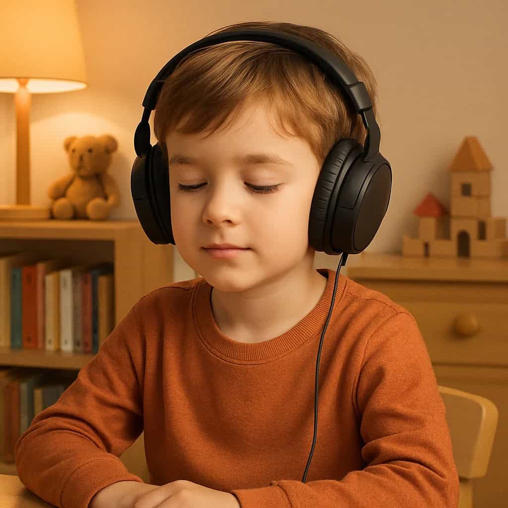 jak pomoc dziecku z autyzmem - sluchawki na uszach chłopca siedzącego przy stoliku w swoim pokoju