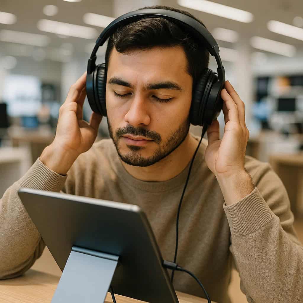 jak przetestować słuchawki - mężczyzna słucha muzyki przez model nauszny w sklepie