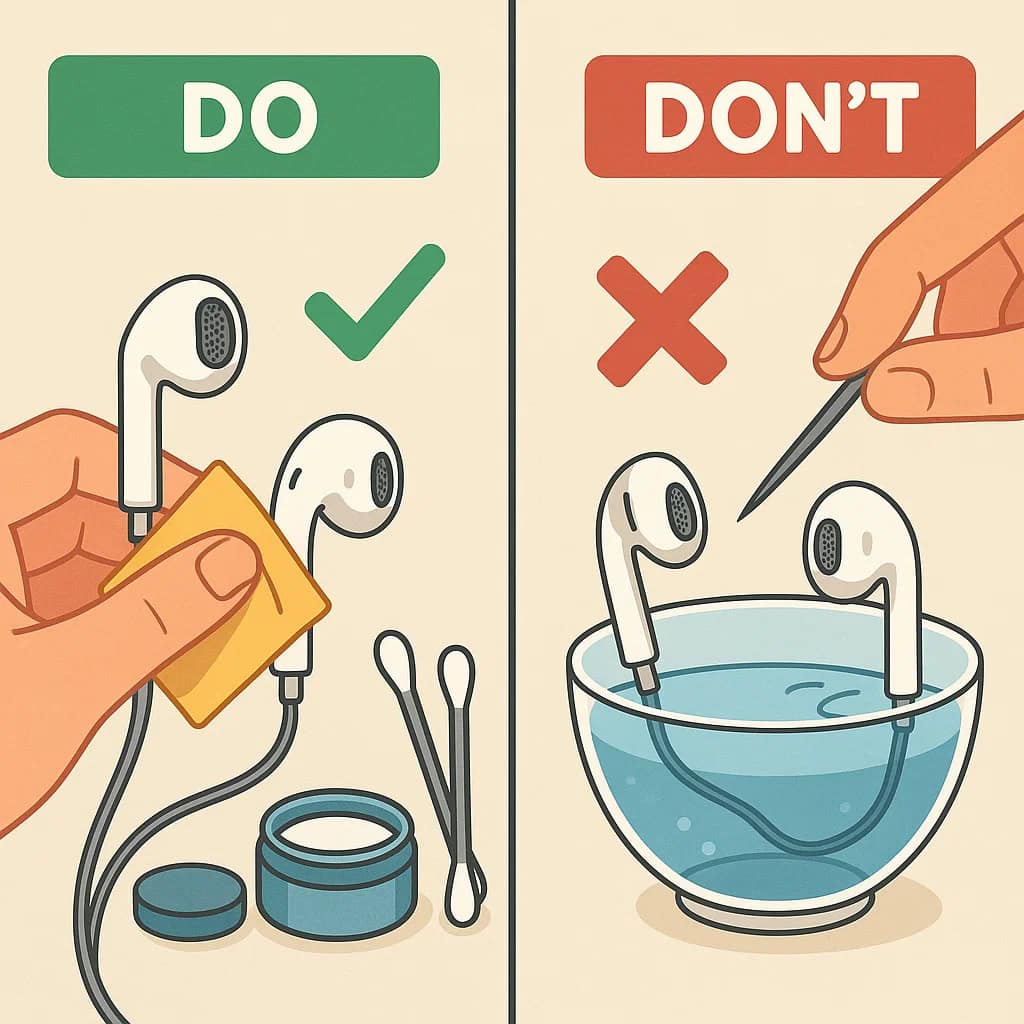 jak prawidłowo wyczyścić słuchawki - porównanie dobrych i złych praktyk czyszczenia słuchawek w formie edukacyjnej ilustracji