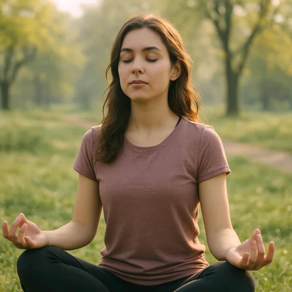 jak radzić sobie z nadwrażliwością słuchową przy nerwicy - kobieta siedzi na trawie w parku, medytując