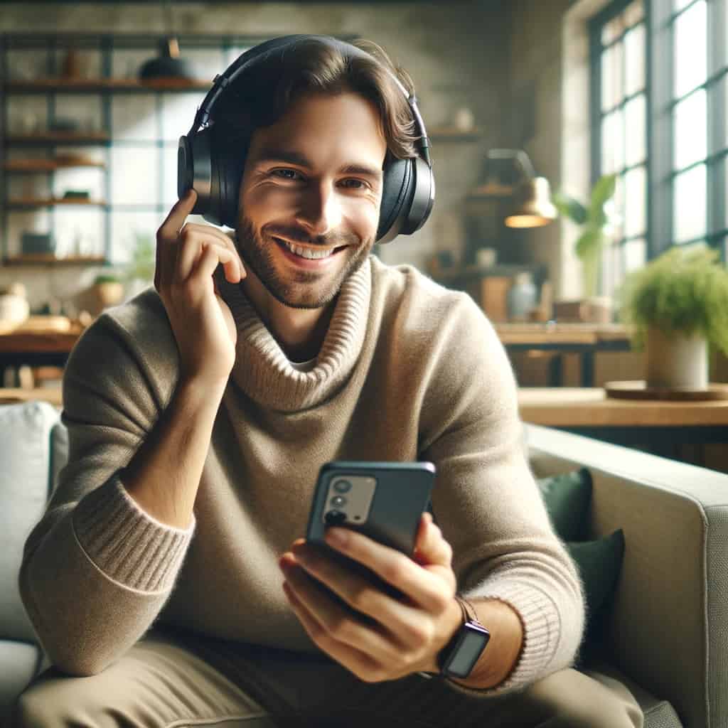 jak włączyć słuchawki bezprzewodowe - uśmiechnięty mężczyzna w modelu nausznym z telefonem w ręku