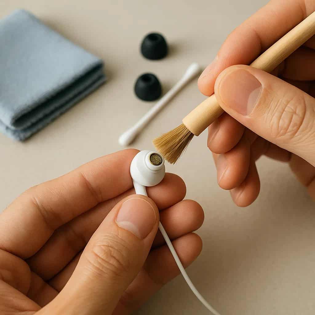 jak wyczyścić słuchawki z woskowiny - ręce czyszczące przykładowy model szczoteczką