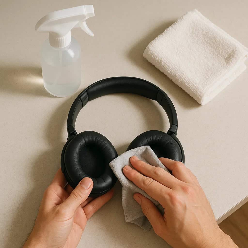 jak wyczyścić słuchawki - ręce czyszczące pady miękką ściereczką