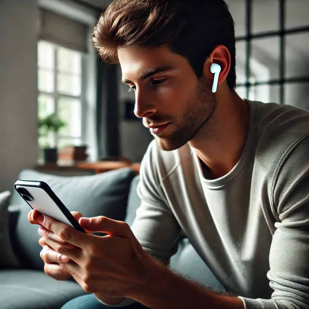 jak wylaczyc siri na airpods - mężczyzna w słuchawkach z telefonem